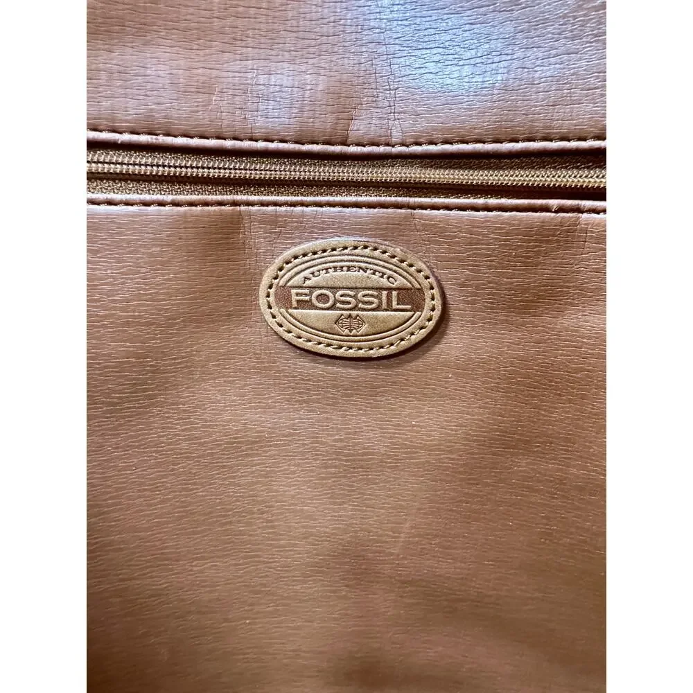 Vintage Fossil Canvas Tote Mixed Plaid Cognac Leather Trim Y2K Zip Top